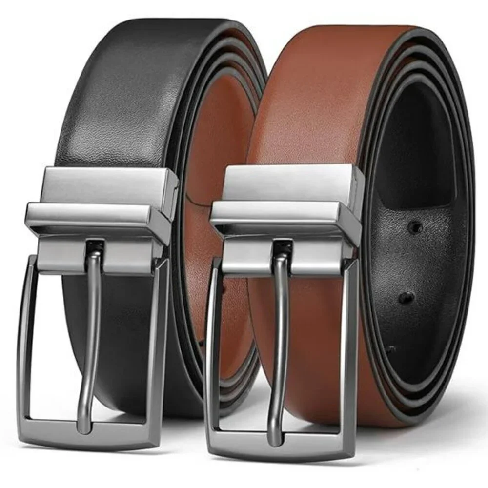 Men's Reversible Leather Belt Black Brown Dress Golf Adjustable Waist Belt